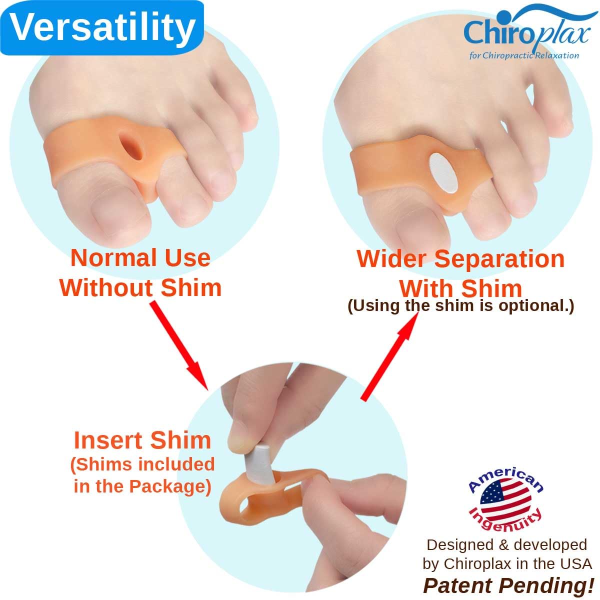 Chiroplax Bunion Corrector Pads Silicone Big Toe Separator Straightener Spacer for Women & Men Hallux Valgus Pain Relief Sleeve Cushion Splint Protector (4 Pads w/Shims - Medium)