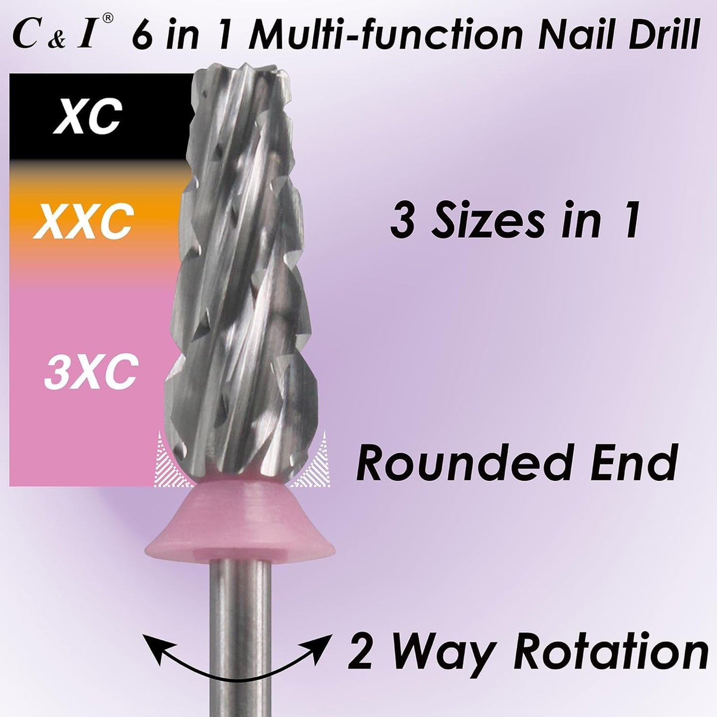 C & I Nail Drill Bit 6 in 1 Multi-function Rounded End E File, Tungsten Steel CNC Overall Cutting, Manicure Tool for Nail Tech Quick Remove Nail Gels, Acrylic Nails (Original, Triple Coarse -3XC)