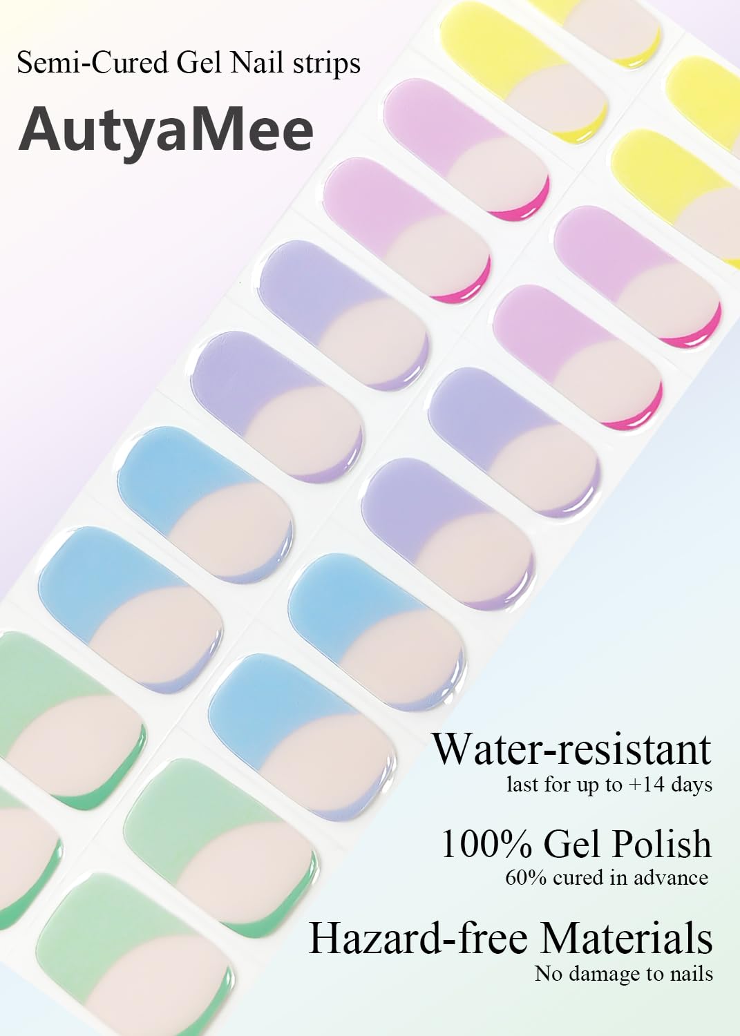 Semi Cured Gel Nail Strips (Macaron French 02), 20 Pcs Gel Nail Wraps, Stickers, UV Light Required, Salon Quality, Long Lasting
