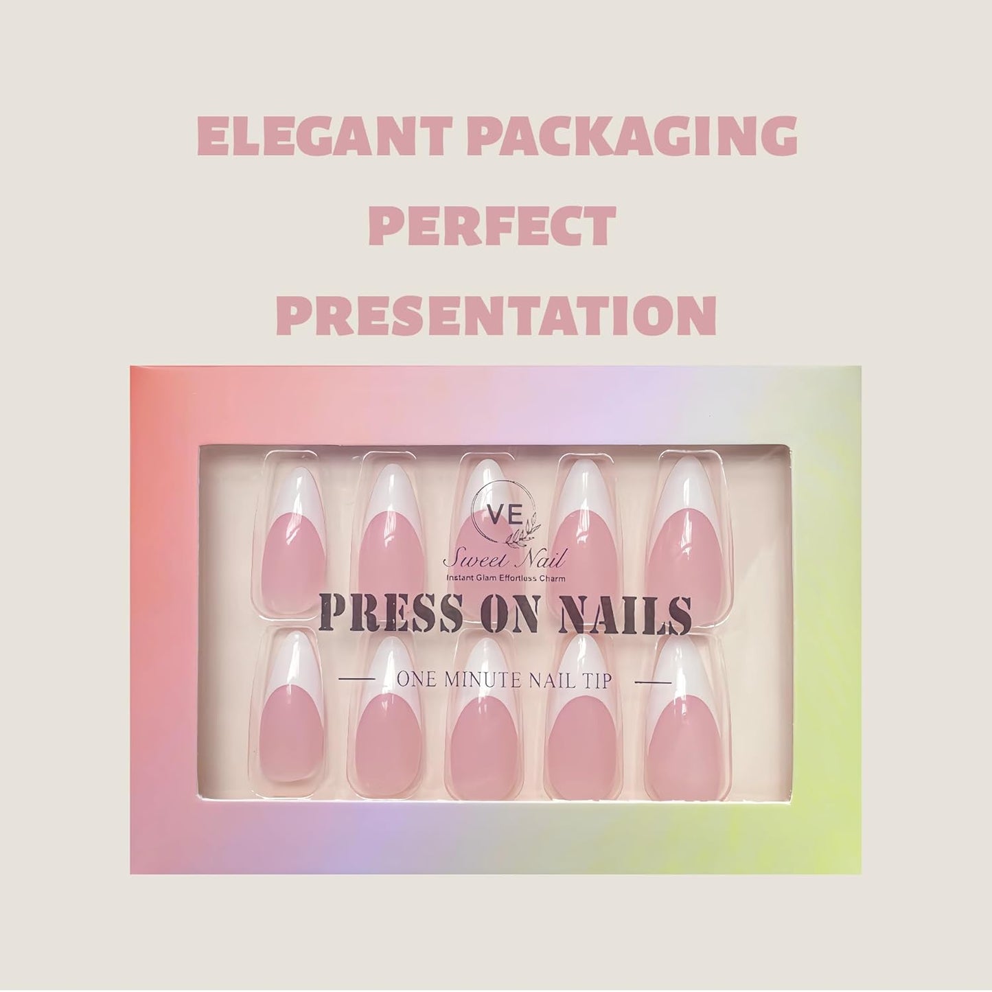 Medium Almond French Pink Press on Nails – 24PCS Glossy False Nail Tips in 12 Sizes | Soft Fit Back Edge & Hard Front | Glue on Acrylic Nails for Women | Reusable & Natural Look