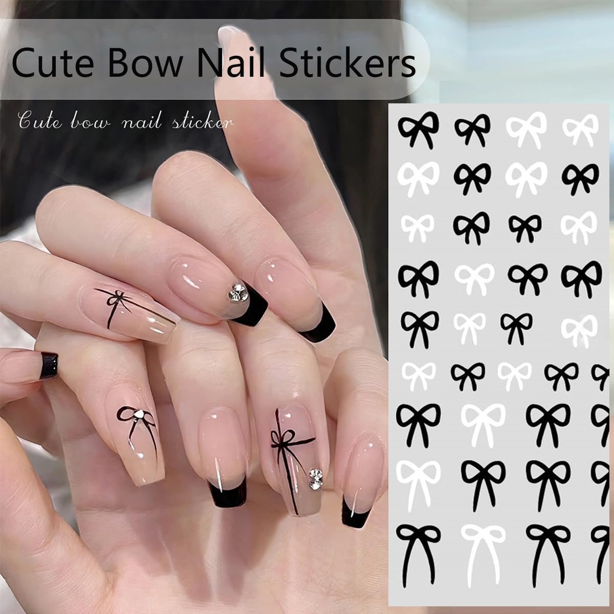 Black White Nail Art Stickers Star Heart Nail Decals Cute Bow Hearts Star Shapes Simple Shiny Pentagram Love Bow Nail Art Designs 3D Self-adhesive Press On Nail Art Charms Sticker Nail Decoration 6PCS