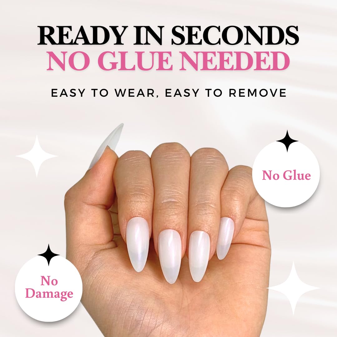 Perfect Look Press On Nails - Glazed Pearl | No Glue One-Day Medium Almond Fake Nails, Sheer White Nails with Gloss Finish - 24 Pcs Nail Kit with Adhesive Tabs