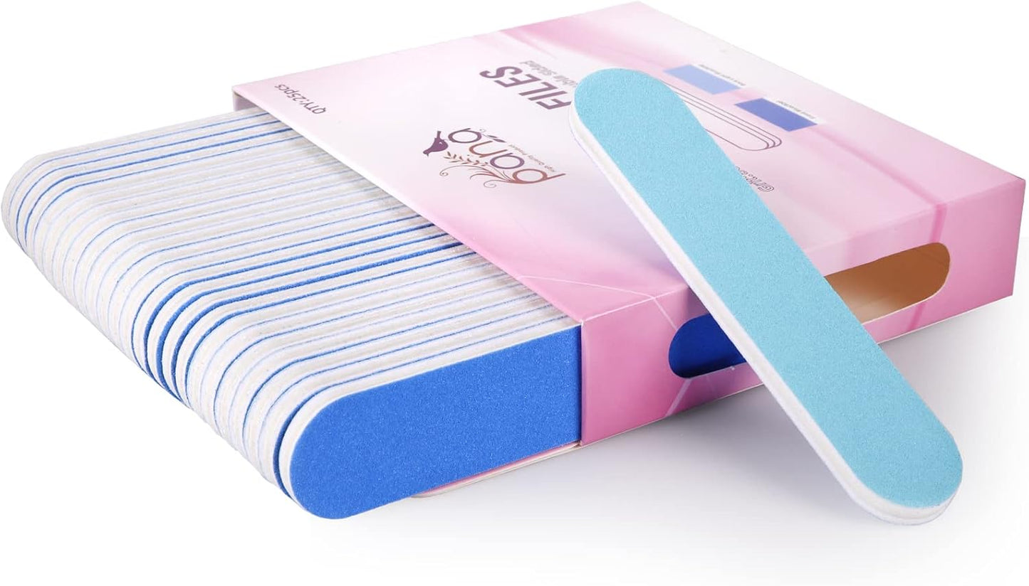 25PCS Mini Size PANA Professional Double Sided Nail Files - Blue, 180/180 Grit - Emery Board Nail Buffering File Manicure Pedicure Nail Polisher Washable