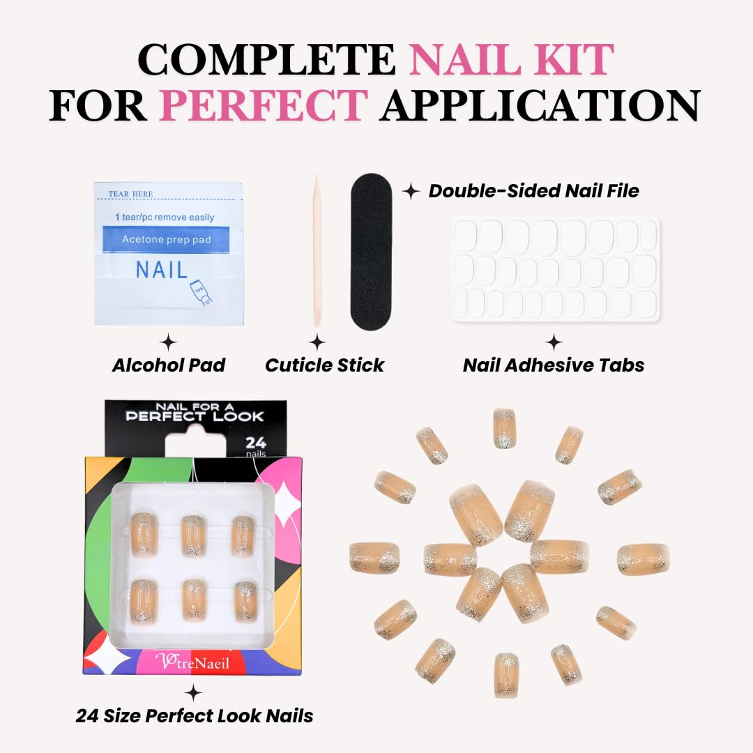 Perfect Look Press On Nails - Sparkle | No Glue One-Day Short Square Fake Nails, Nude Nails with Silver Glitter Tips - 24 Pcs Nail Kit with Adhesive Tabs