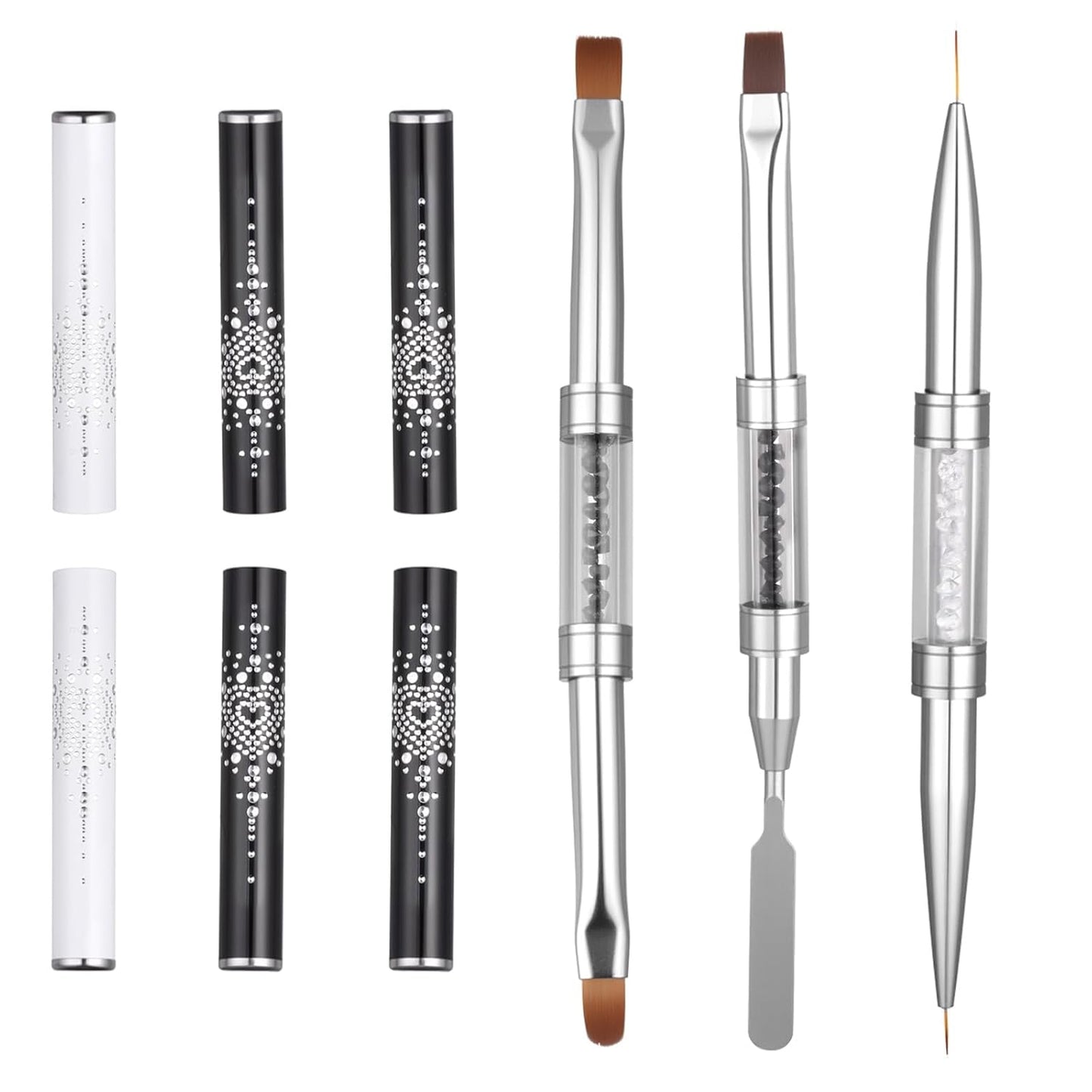 3Pcs Hard Gel Nail Brushes, Dual-Ended French Tip Nail Gels Liner Brush Rhinestone Handle Nails Brush, Builder Gel Liner Brushes for Professional Nails Art French Manicure Design