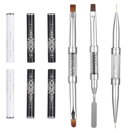 3Pcs Hard Gel Nail Brushes, Dual-Ended French Tip Nail Gels Liner Brush Rhinestone Handle Nails Brush, Builder Gel Liner Brushes for Professional Nails Art French Manicure Design