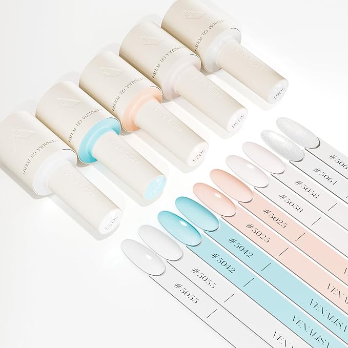 VENALISA 10 ML White Gel Nail Polish Set with DIY Nail tips Kit, 5Pcs White Blue Baby Pink Red Glittle Pastel Gel Polish Color High Gloss Soak Off U V Nail Manicure Salon DIY