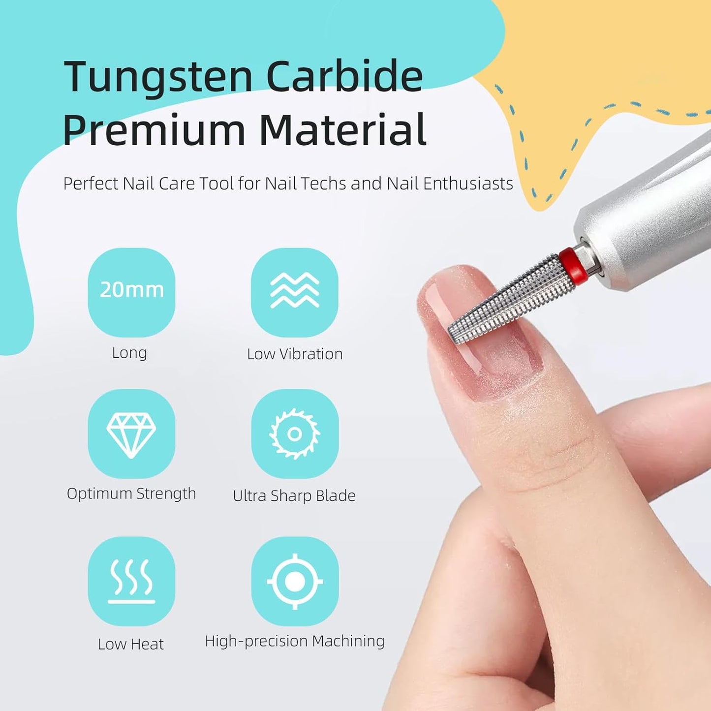 Fine Long 5 in 1 Nail Drill Bits, 20mm Tapered Carbide Nail Bit, Straight Cut Safety Drill Bits for Nails, 3/32 Two-way, Electric Manicure Drills Accessories
