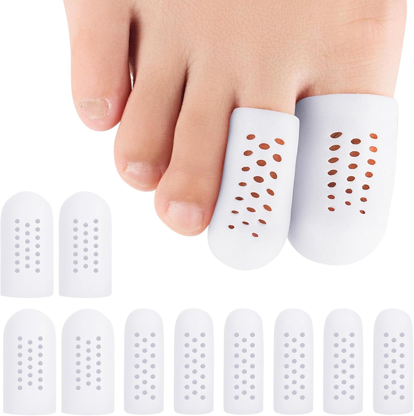 10 Pack Toe Caps and Toe Protectors for Women & Men Silicone Toe Covers Cushions for Pain Relief,Toe Bandages and Sleeves for Ingrown Toenails,Corns,Calluses,Blisters(4L +6 S) (White)