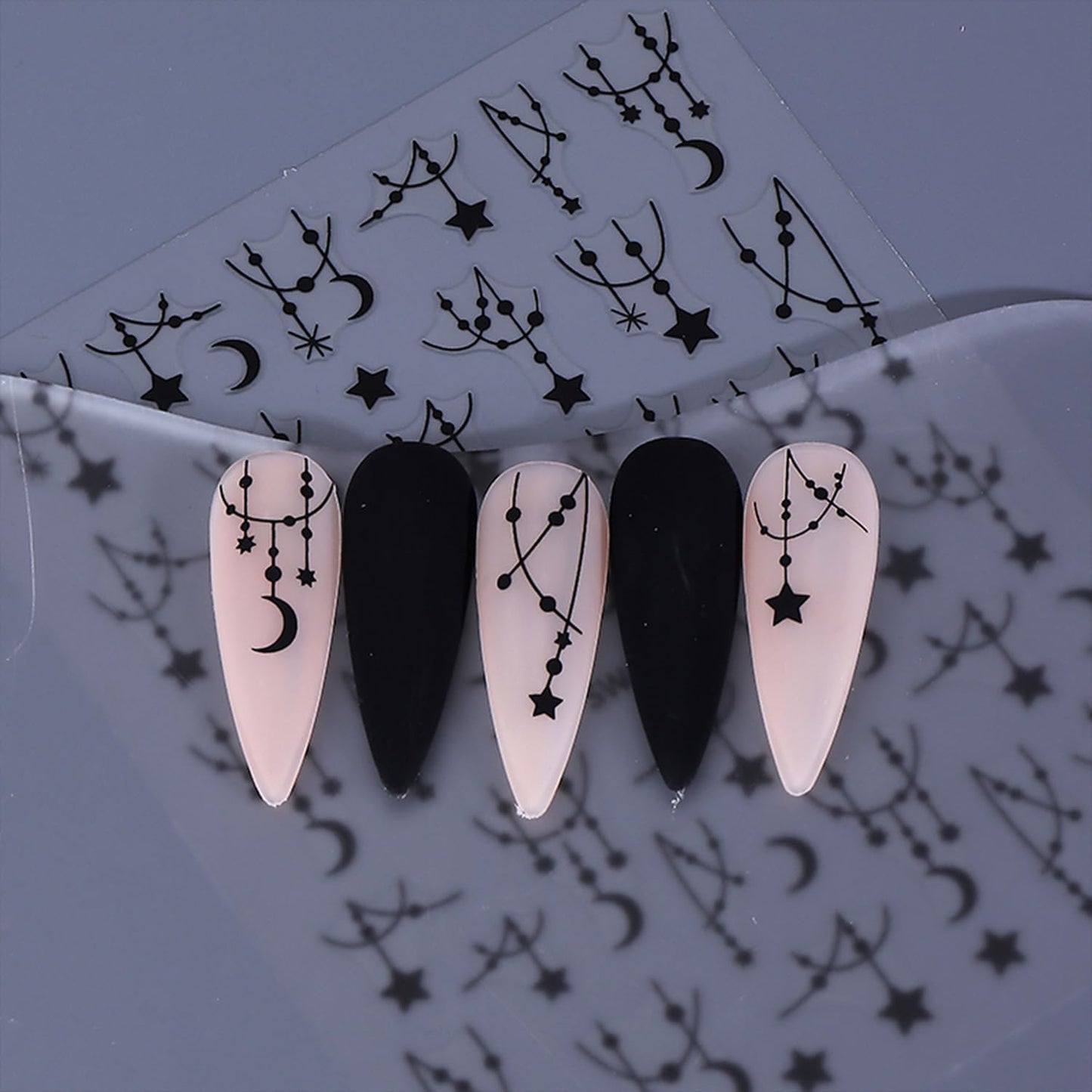 Star Nail Stickers for Nail Art 3D Self-Adhesive Moon Nail Decals Black Silver Star Nail Art Stickers for Women 6 Sheets