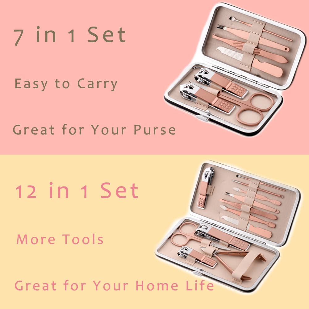Pink Manicure Set Beauty Tool Portable - Nail Clipper Pedicure Grooming Kit Stainless Steel 7 in 1 Luxury Leather Travel Case, for Woman Girl Home Travel Gift Giving