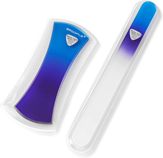 BONA Fide Beauty Glass Nail File Manicure Set, 2-Pieces Blue Ergonomic Comfort Grip Bow Ergofile for Gentle & Efficient Filing, Nail Care Tools Genuine Czech Glass