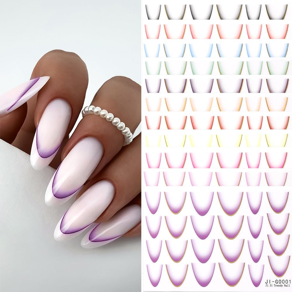 11 Sheets French Line Nail Art Stickers, Gradient Colorful French Tip Nail Decals 3D Self-Adhesive Curved Stripes Lines Nail Art Tips Guides for DIY Decoration Stencil Tools