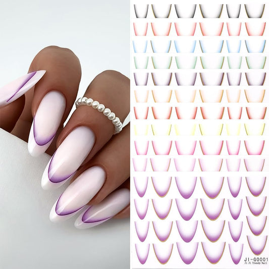 11 Sheets French Line Nail Art Stickers, Gradient Colorful French Tip Nail Decals 3D Self-Adhesive Curved Stripes Lines Nail Art Tips Guides for DIY Decoration Stencil Tools