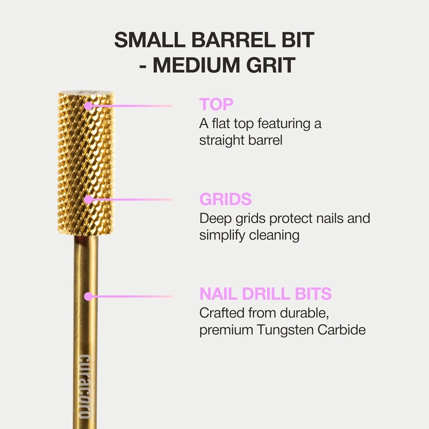 Curacoro Nail Drill Bits 3/32'' - Small Barrel Carbide Bit (Medium) for Professional Finish, Precisely Remove, Refine, Smooth Acrylic or Gel Nails, Nail Art Pedicure Manicure Salon & Home