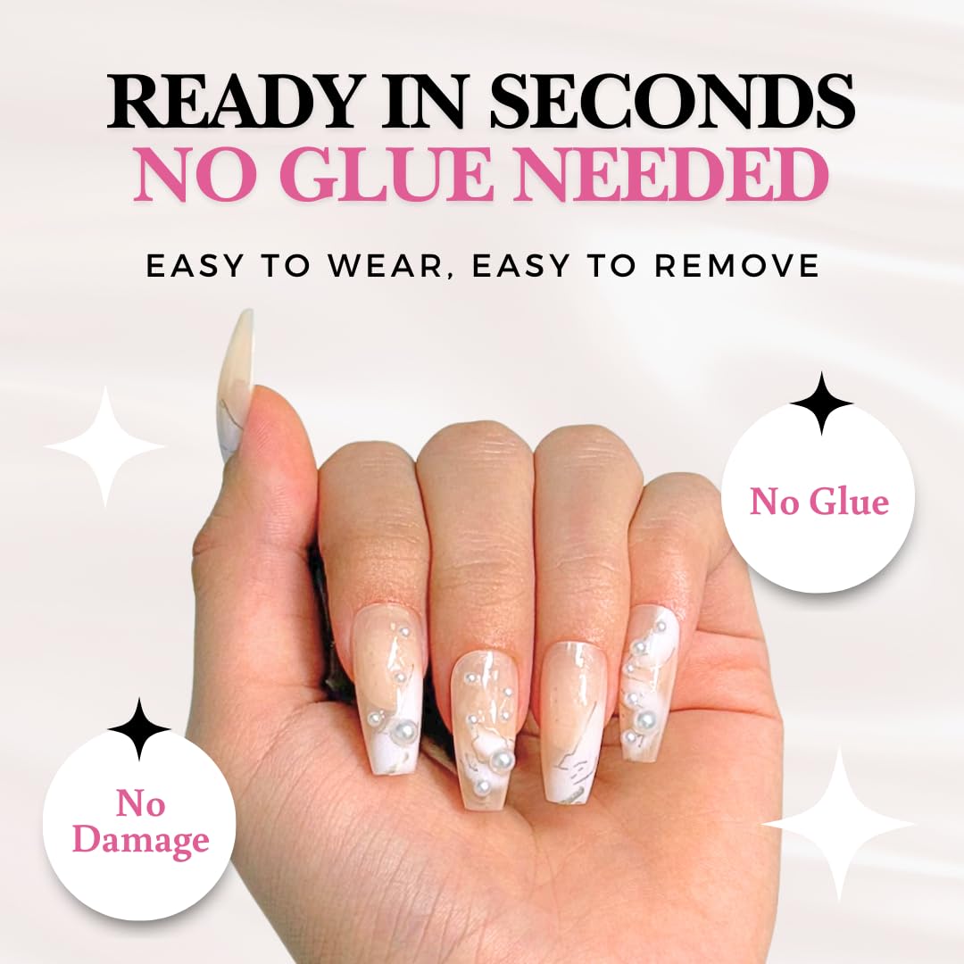Perfect Look Press On Nails - Pearl Marble | No Glue One-Day Long Coffin Nails, Nude Marble Nails with Pearl Accents - 24 Pcs Nail Kit with Adhesive Tabs