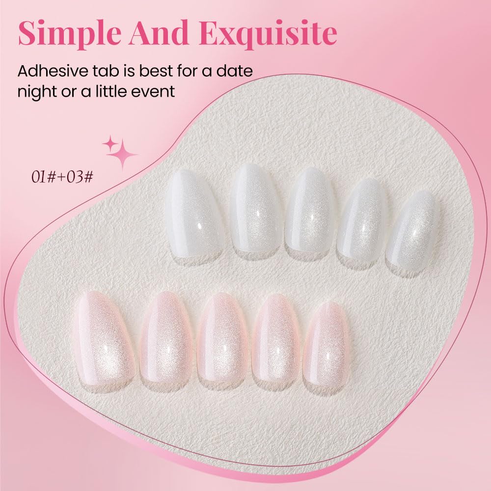 Cat Eye Press on Nails Almond Short, Cat Eye Stick on Nails Press on, Pearl White Nude Pink Glitter Short Almond Press Glue on Nail, Fake Nails Press ons with glue 60Pcs Reusable Acrylic Fake Nail Kit