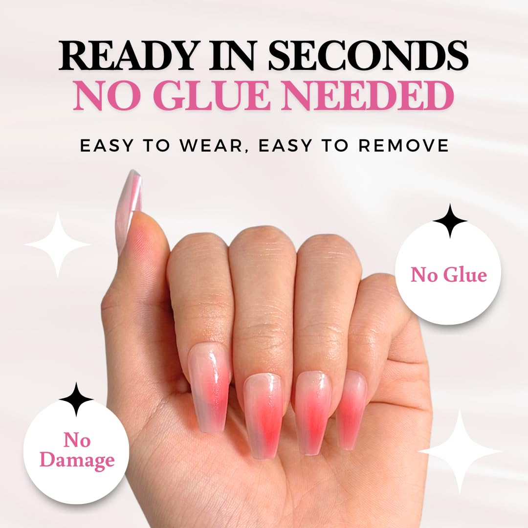 Perfect Look Press On Nails - Peach Bloom | No Glue One-Day Coffin Nails, Glossy Coral Ombre Fake Nails, Natural Look - 24 Pcs Nail Kit with Adhesive Tabs