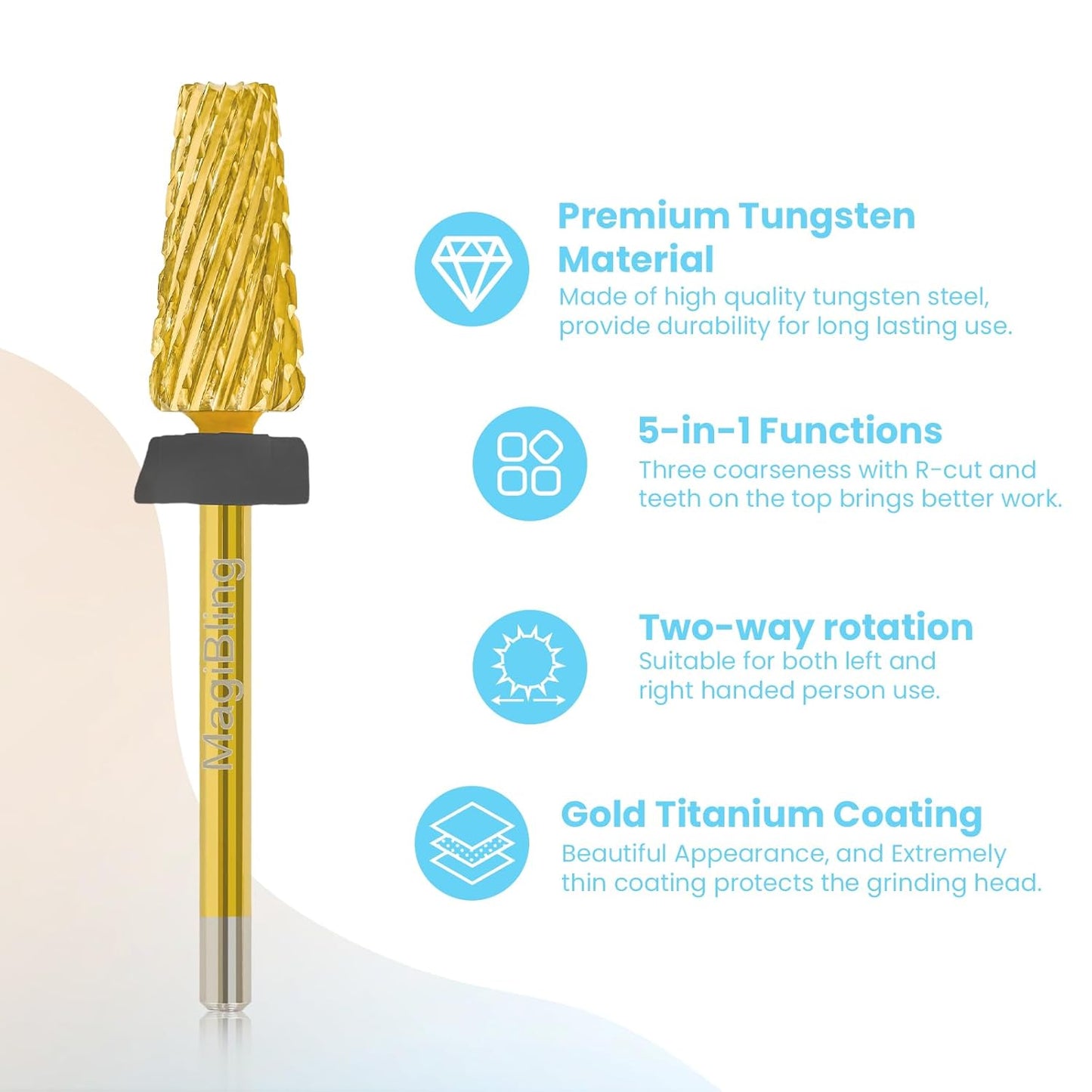 Nail Drill Bits 5 in 1 Tapered Barrel, 3/32'' Safety Tungsten Carbide Bits, Two-Way Rotation, Suitable for Manicure Pedicure Cuticle Gel Polishing, Technicians Bits, Grit: Extra Coarse.