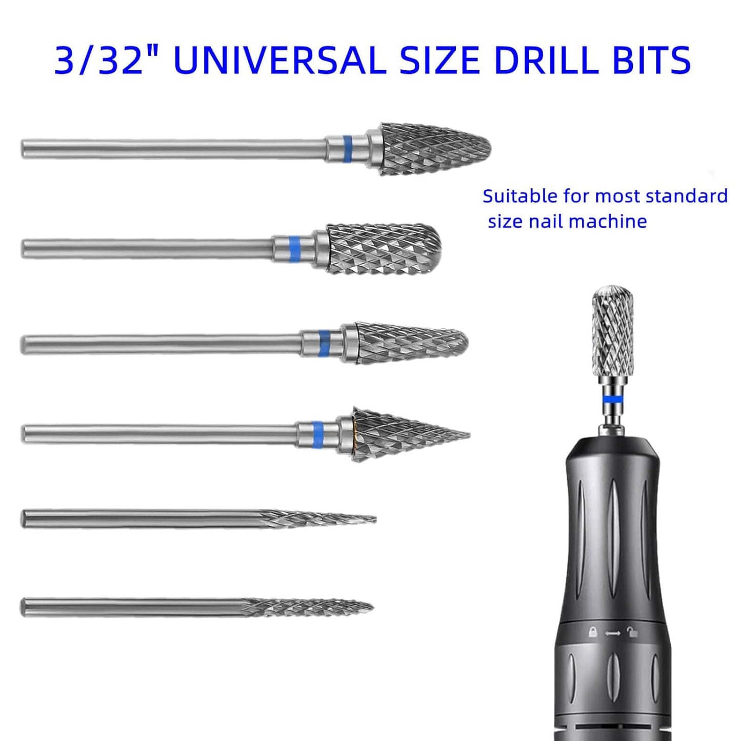 dophee 6 Pack Nail Drill Bits Set for Acrylic Nails, 3/32" Shank Electric Nail Grinding Head Polishing Remover Tool for Nail Art Salon Cuticle Cleaner, Medium Grit, Blue
