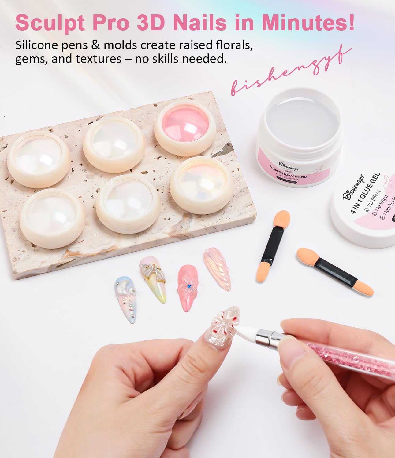 Solid Builder Gel and Chrome Nail Powder Kit BISHENGYF: 60g 4 In 1 No Wipe 3d Sculpting Nail Gel Aurora Pink White Pearl Chrome Nail Powder Clear Non-Sticky Hand Extension Glue for Nail Decoration