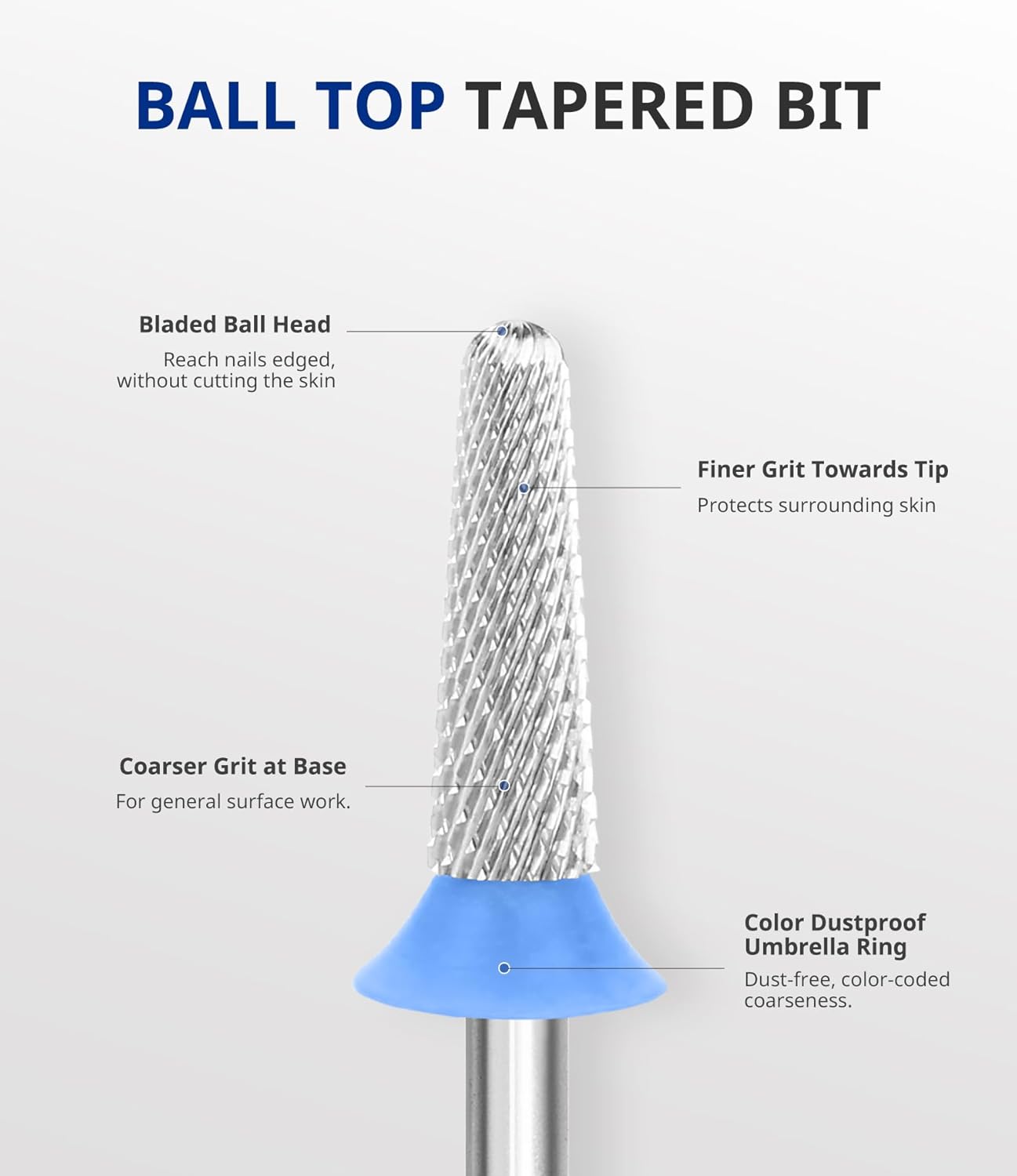 AIRSEE Tungsten Carbide Acrylic Nail Drill Bit Efile Electric File Machine Head Tip for Manicure Polishing Art Remove Gel 3/32" 2 Way Safety Use Ball Top Tapered Bit Cone Shape Medium-M