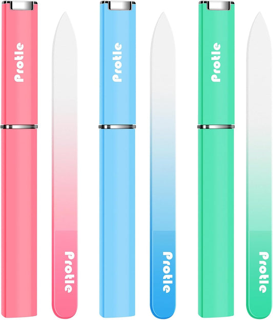 Nail File Glass for Natural Nails，3Pack Double Sided Crystal Nail Filer with Case,Professional Czech Glass Fil Etched Gentle Nail Care Stocking Stuffers for Women or Adults, Unique Gifts(Light Color)