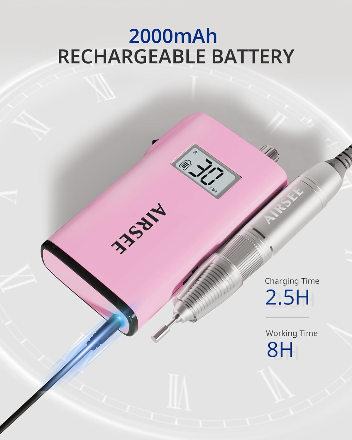 AIRSEE Rechargeable 30000RPM Electric Nail Drill Professional Portable E File Machine for Acrylic Nail Natural Extension Gel Nails Polish Cuticle, Cordless High Speed for Salon Home Use E8 Pink