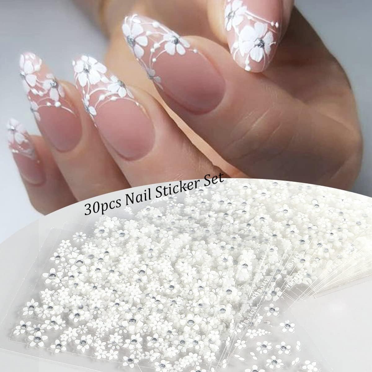 30Sheets Floral Nail Art Stickers Decals 3D Self Adhesive White Flower Designs Nails Supplies White Flower Stickers with Rhinestones Nail Decorations for Women Manicure Transfer Tool Nails Wraps