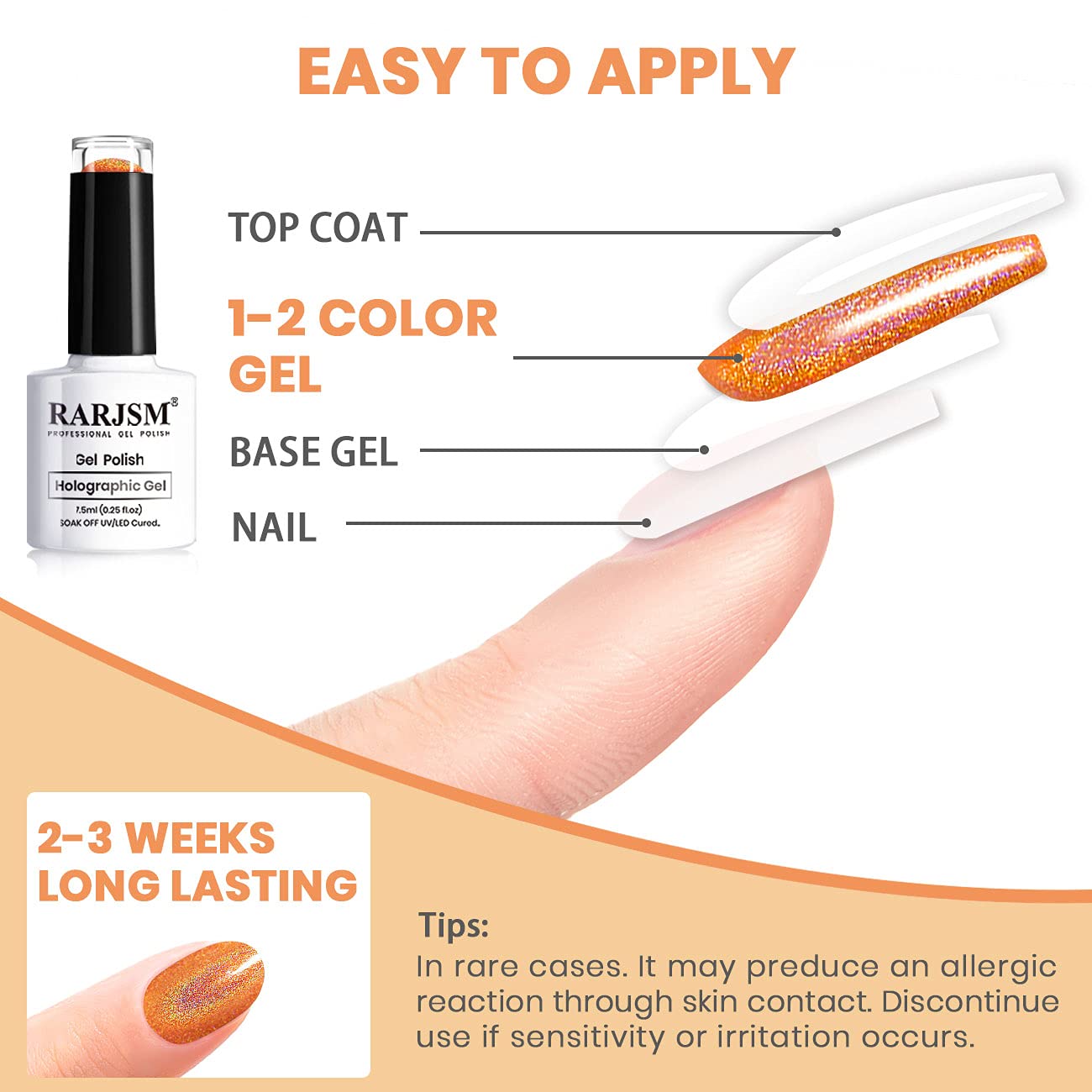 RARJSM Holographic Nail Polish Classic Orange Gel Polish Soak off Nail Gel Ideal for Nail Salon DIY at Home Curing Required