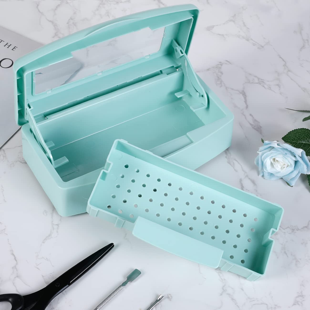 Gusnilo Barbicide Disinfectant Box Nail Art Tools Sanitizing Tray Disinfectant Container Nail Tool Sterilizer Box Plastic Clean Sterilizer Box Storage Organizer for Nail Manicure Tool (Light Green)