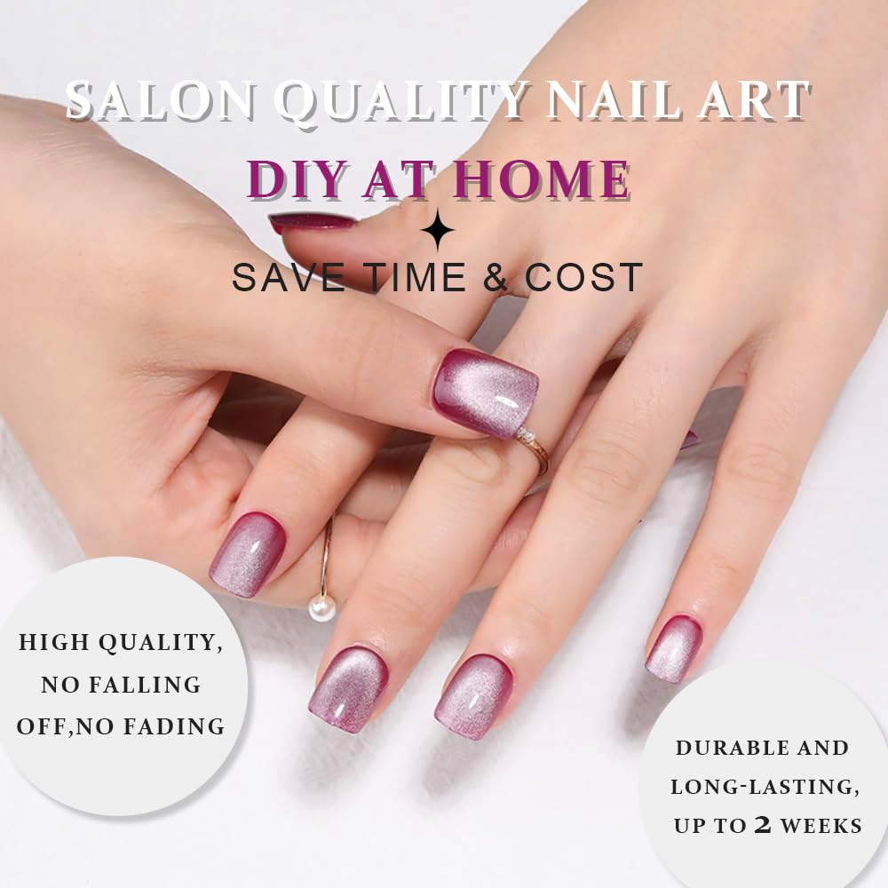 evpct Purple Cat Eye Short Press on Nails Square, Petite Short Square Glossy Nails with Designs for Women, Light Lavender Purple Glue on Glitter Reusable Gel Press on Acrylic Fake Nail Holographic