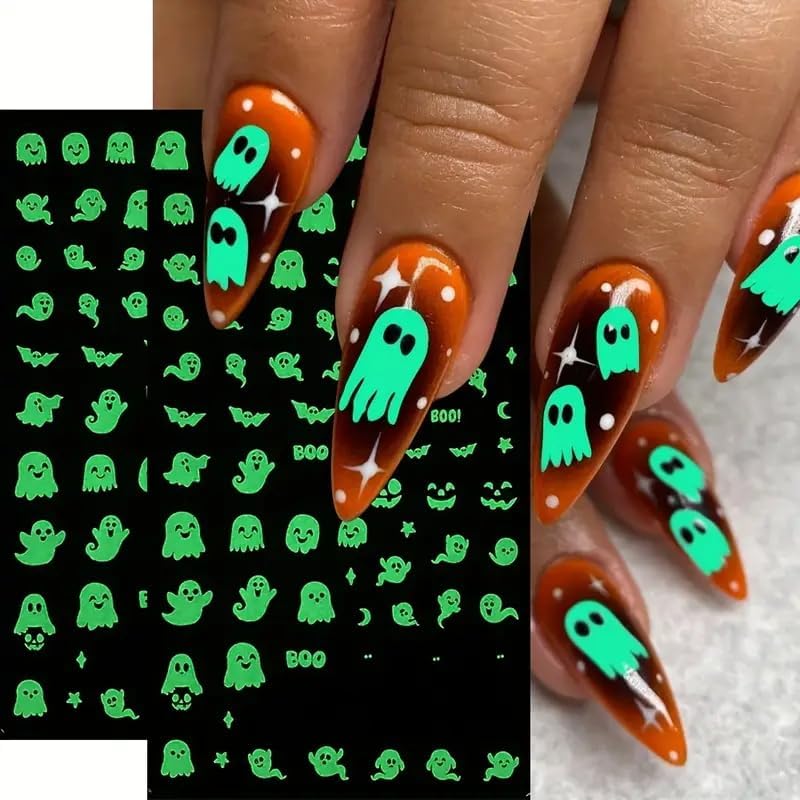 Halloween Nail Art Stickers Decals 3D Cute Luminous Ghost Nail Stickers 6PCS Glow in The Dark Bat Boo Ghost Design Halloween Nails Adhesive Sticker Manicure Nail Art Supplies for Nail Decorations