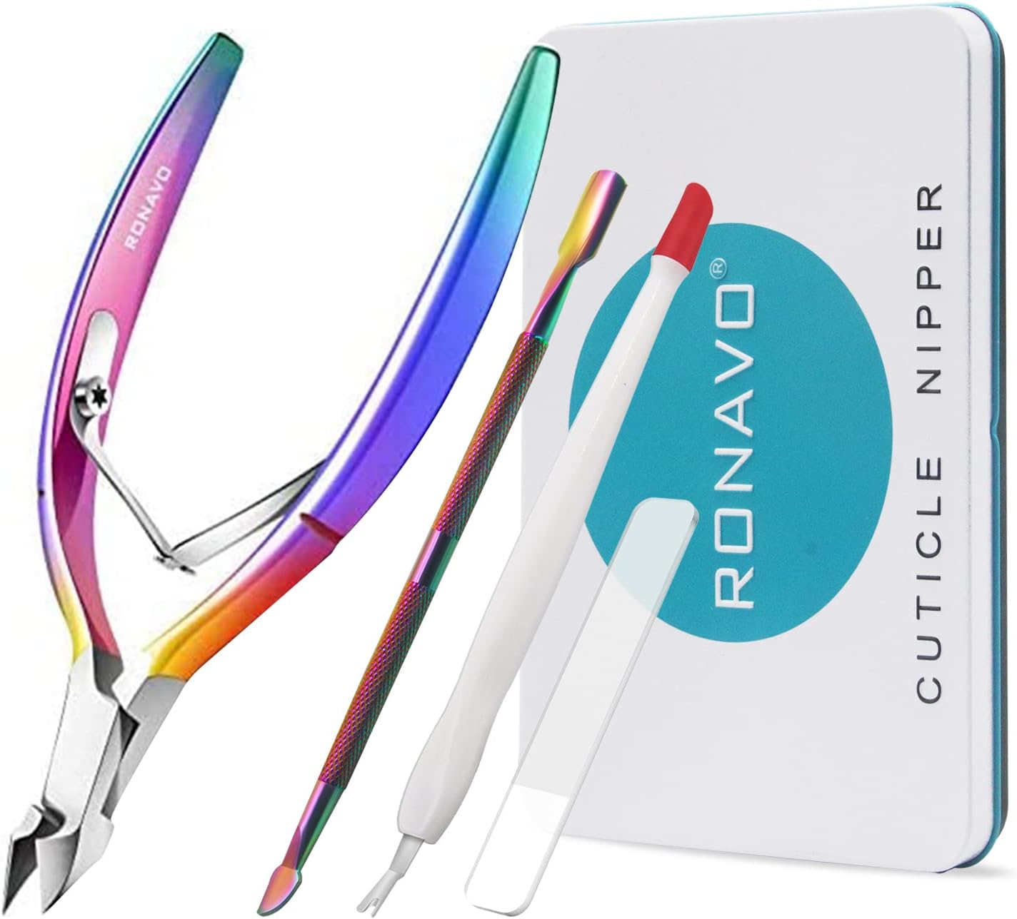 Cuticle Trimmer with Cuticle Pusher, RONAVO Cuticle Remover Stainless Steel Professional Cuticle Nipper, Durable Pedicure Manicure Tools (Polish Multi-color)