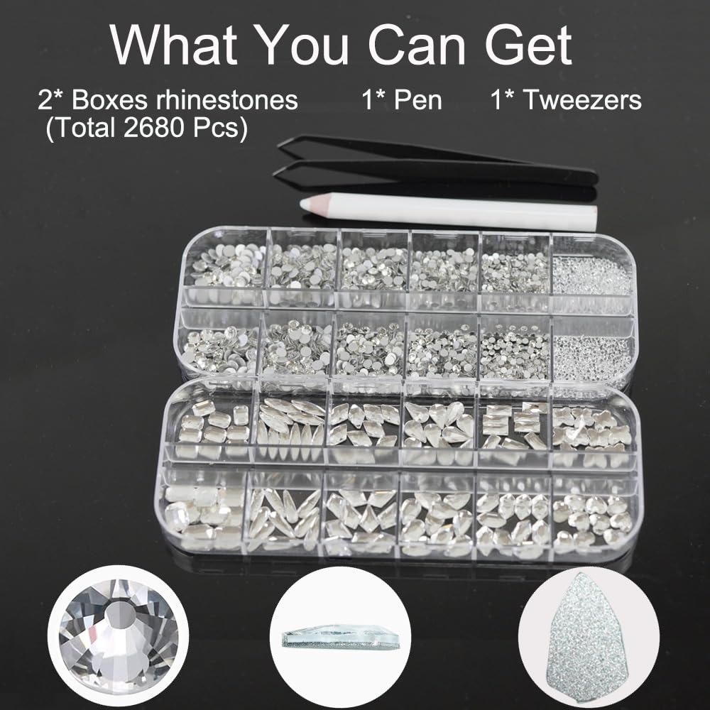 2680Pcs White Nails Rhinestones, 120Pcs Big Silver White Diamond Nail Gem Stones Charms with K9 Bling Flatback Round Beads, Clear Crystal Glass Jewelry for Nails Art Faces Eyes Makeup Decoration