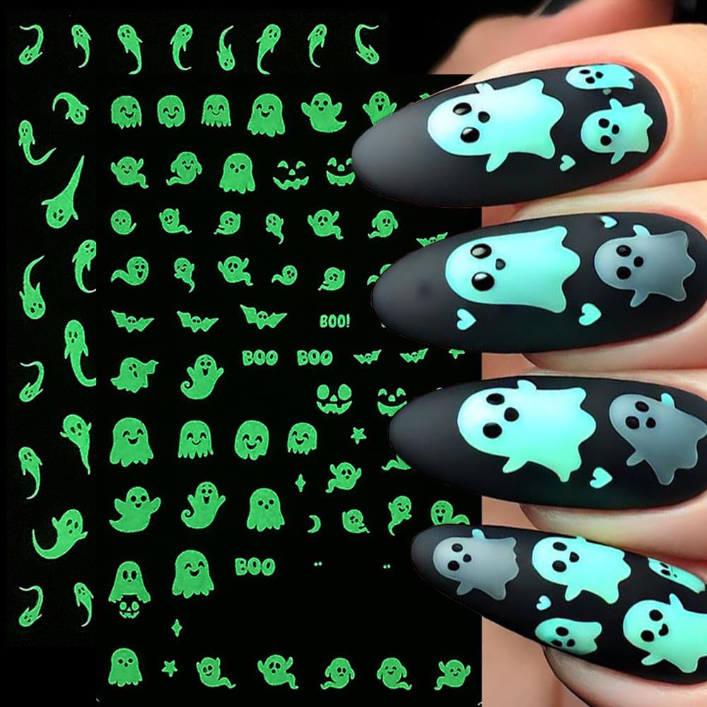 Halloween Nail Art Stickers Decals 3D Cute Luminous Ghost Nail Stickers 6PCS Glow in The Dark Bat Boo Ghost Design Halloween Nails Adhesive Sticker Manicure Nail Art Supplies for Nail Decorations