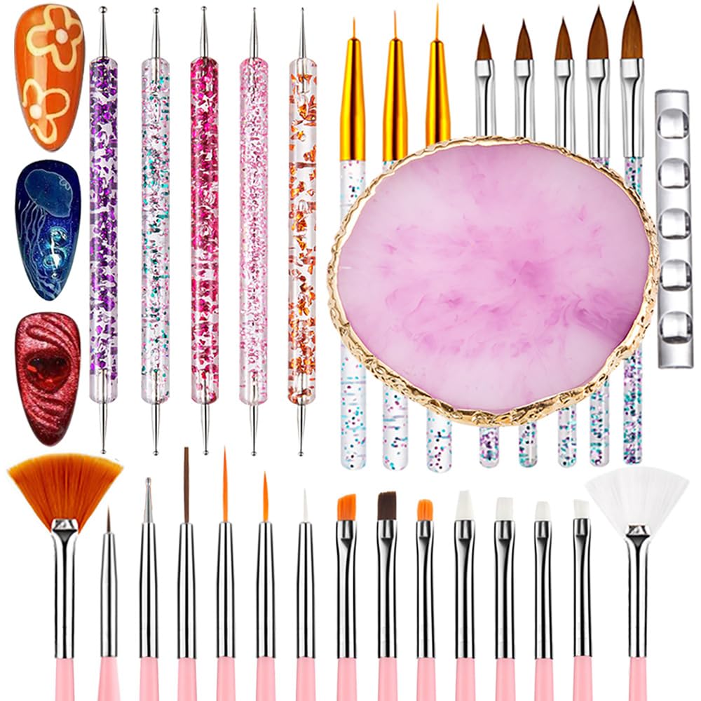 Nail Art Tools 30Pcs Set,Nail Art Pens Brush Resin Nail Art Palette,Nail Dotting Tools, Striping Nail Art Brushes for Long Lines,Nail Drawing Pen Dotting Pen Tools Nail Art Kit for Nail Art DIY