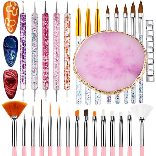 Nail Art Tools 30Pcs Set,Nail Art Pens Brush Resin Nail Art Palette,Nail Dotting Tools, Striping Nail Art Brushes for Long Lines,Nail Drawing Pen Dotting Pen Tools Nail Art Kit for Nail Art DIY