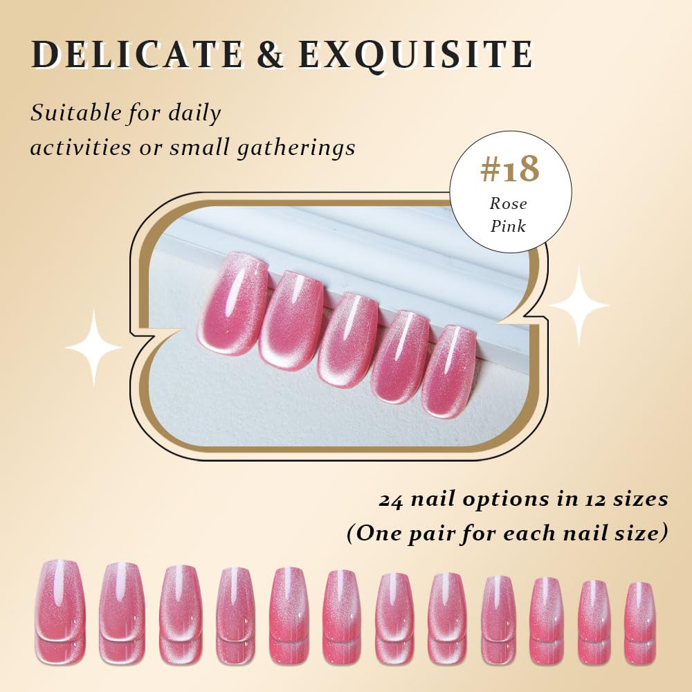evpct Rose Pink Cat Eye Coffin Press on Nails Square Medium, Medium Square Glue on Nail for Women, Rose Pink Metallic Glitter Glossy Reusable Summer Soft Gel Press on Acrylic Fake Nail with Designs