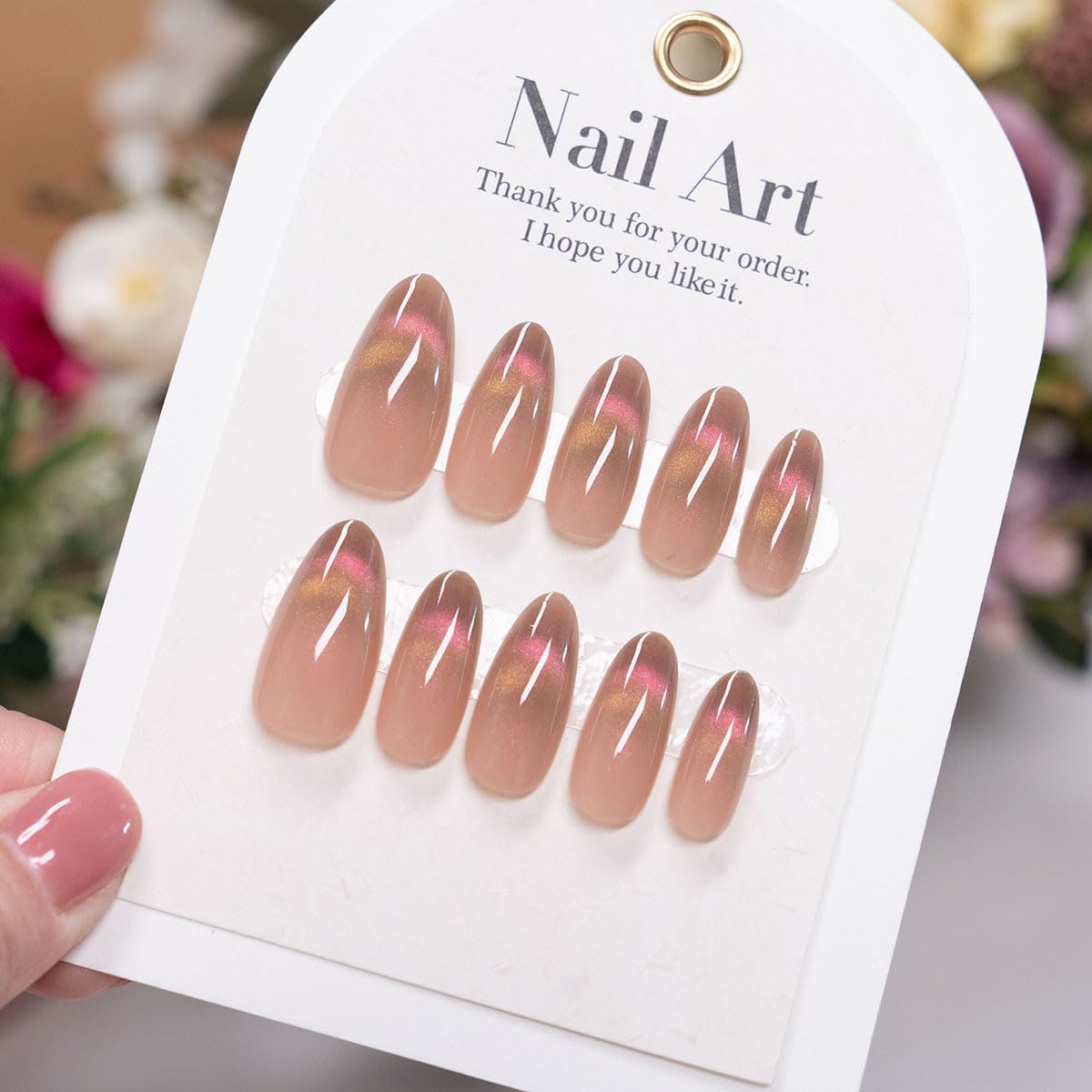 evpct Nude Brown Cat Eye Press on Nails Almond Medium, Medium Almond Glue on Nails for Women Gift, Iridescent Pink Smile Curve Metallic Glitter Reusable Gel Press on Acrylic Fake Nail with Designs