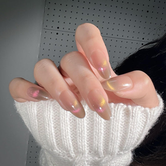 evpct Nude Brown Cat Eye Press on Nails Almond Medium, Medium Almond Glue on Nails for Women Gift, Iridescent Pink Smile Curve Metallic Glitter Reusable Gel Press on Acrylic Fake Nail with Designs