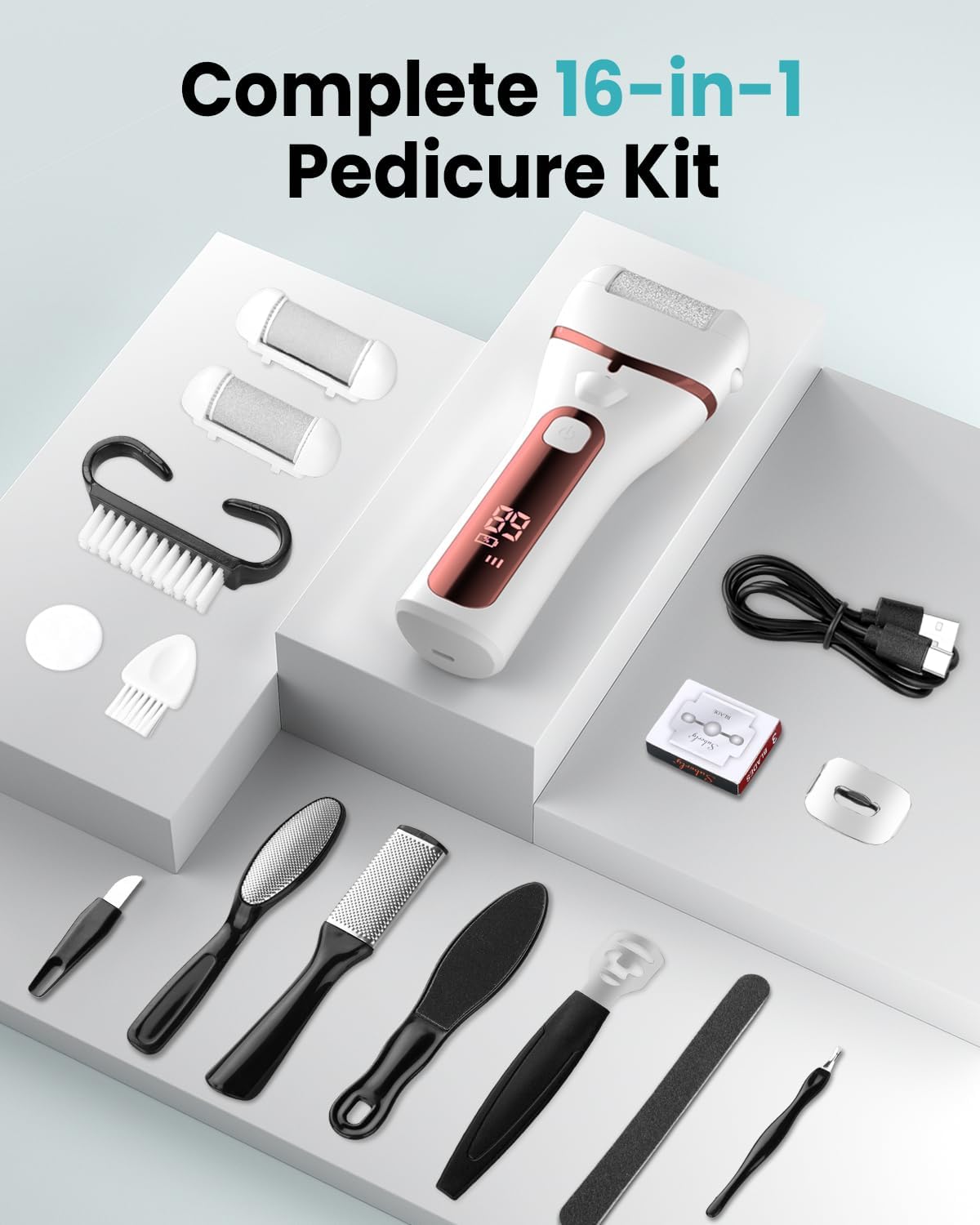 PUBOO Foot Callus Remover Electric 10000 RPM 3-Speed IPX7 Rechargeable Pedicure Kit for Hard Skin Women & Men. Portable Multi-Roller File Grinder Sander Scrubber with LED Display for Wet & Dry Feet