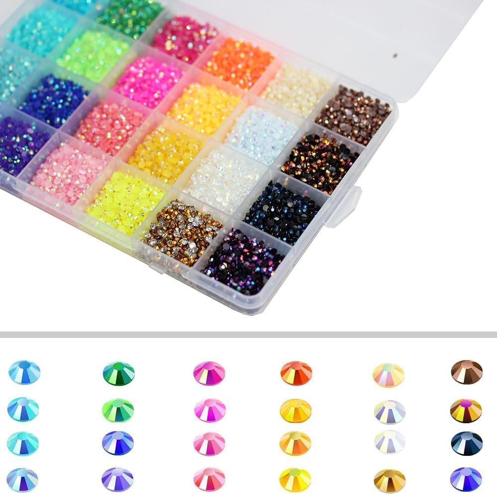24000Pcs Nail Art Rhinestones, BetterJonny 24 Colors 3mm Round Nail Flatback Rainbow Gems Set with Tweezers and Pencil AB Glitter Flat-Bottomed Rhinestone for Crafts Decoration and Jewelry Making