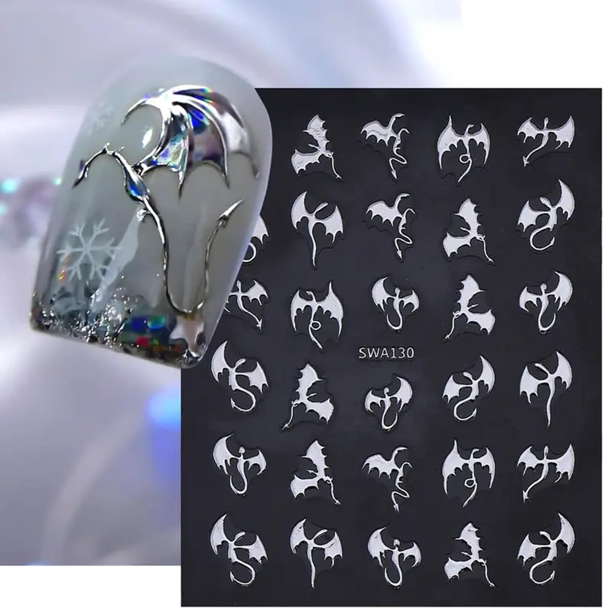 Dragon Nail Art Stickers 3D Metallic Flying Devil Bat Halloween Nail Decals 6PCS Golden Silvery Holographic Y2k Dragon Nail Stickers Sweet Punk Style DIY Halloween Nail Art Salon Decorations Supplies