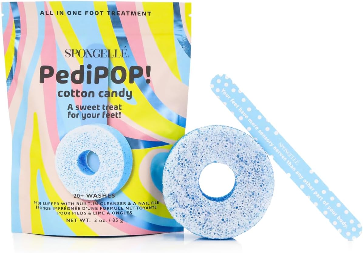 Spongellé Cotton Candy PediPOP! Pedi Buffer & Nail File | All-in-One Pedicure Treatment | Exfoliates, Softens & Cleanses | 30+ Washes | Vegan & Cruelty-Free