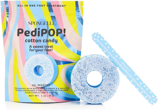 Spongellé Cotton Candy PediPOP! Pedi Buffer & Nail File | All-in-One Pedicure Treatment | Exfoliates, Softens & Cleanses | 30+ Washes | Vegan & Cruelty-Free