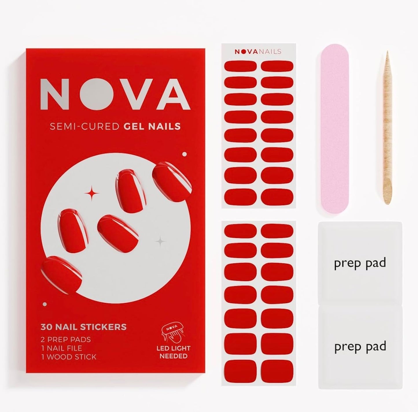 NOVA, Female Founded, Semi Cured Gel Nail Strips (Lover) - The 10 Minute Manicure. Salon-Quality, Works with Any Nail Lamp, Easy to Apply & Remove - Incl. Nail File & Wooden Stick (Lover)