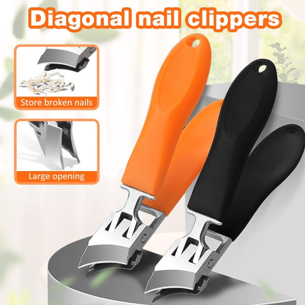 Wide Jaw Opening Anti-Splash Slanted Nail Clipper, Fingernail and Toenail Clippers Clippers for Ingrown Nails, Curved Toenail Clippers for Thick Nails, Household Slanted Nail Clippers (Black+Orange)