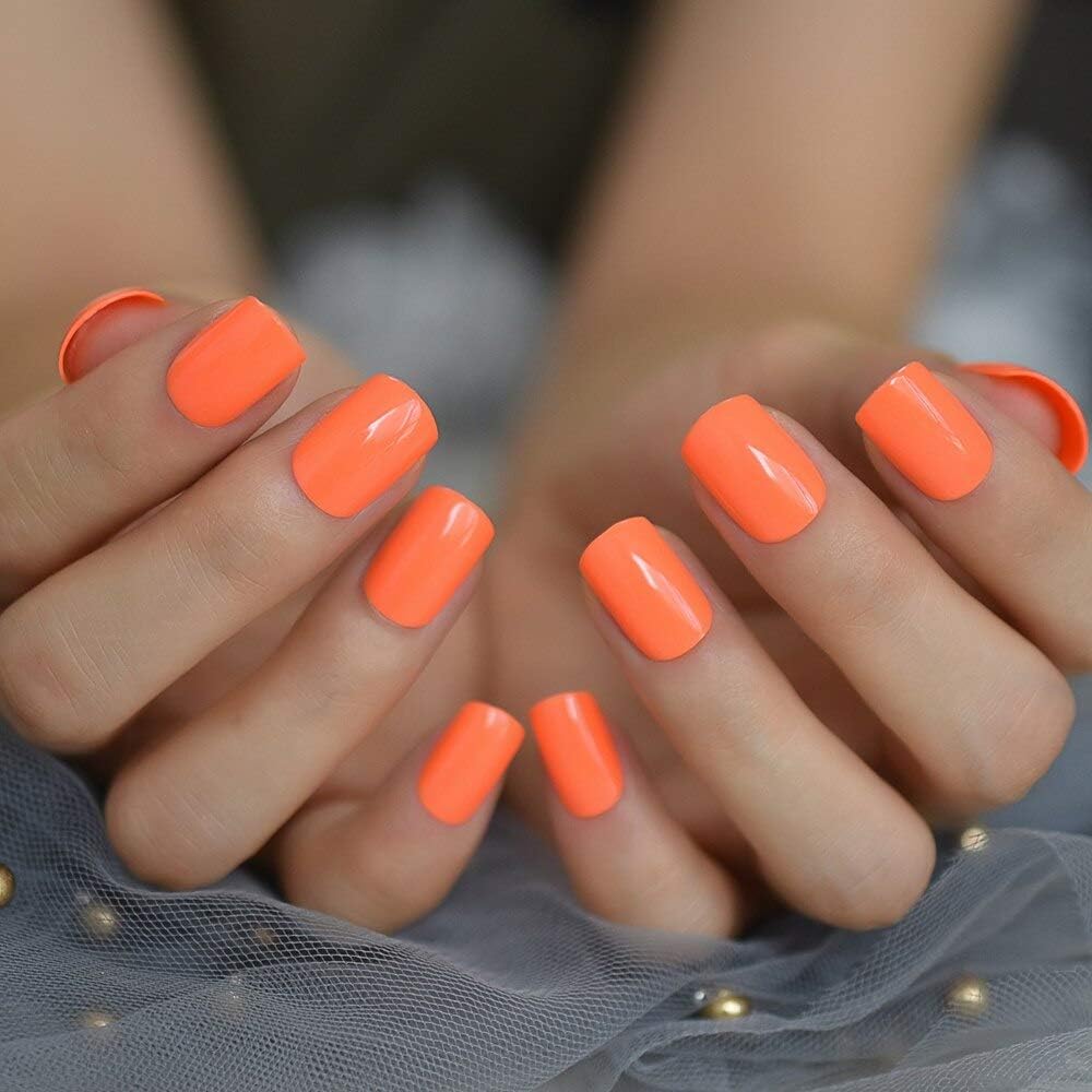 Orange Press On Nails Square, Medium Press On Nails, Glossy Press On Nails, Glue On Nails, Full Cover Fake Nails, Perfect Fit False Nails, Stick On Nails for Women, Orange Nails