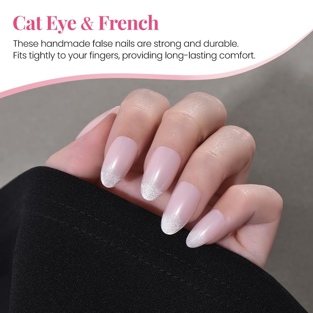 Cat Eye Press on Nails Short Almond - Nude Pink Shimmer Glossy French Tip Press on Nails for Gift, Soft Gel Press Glue On Nail with Nail Glue, Supremely Fit Full Cover Reusable Acrylic Fake Nails Kit